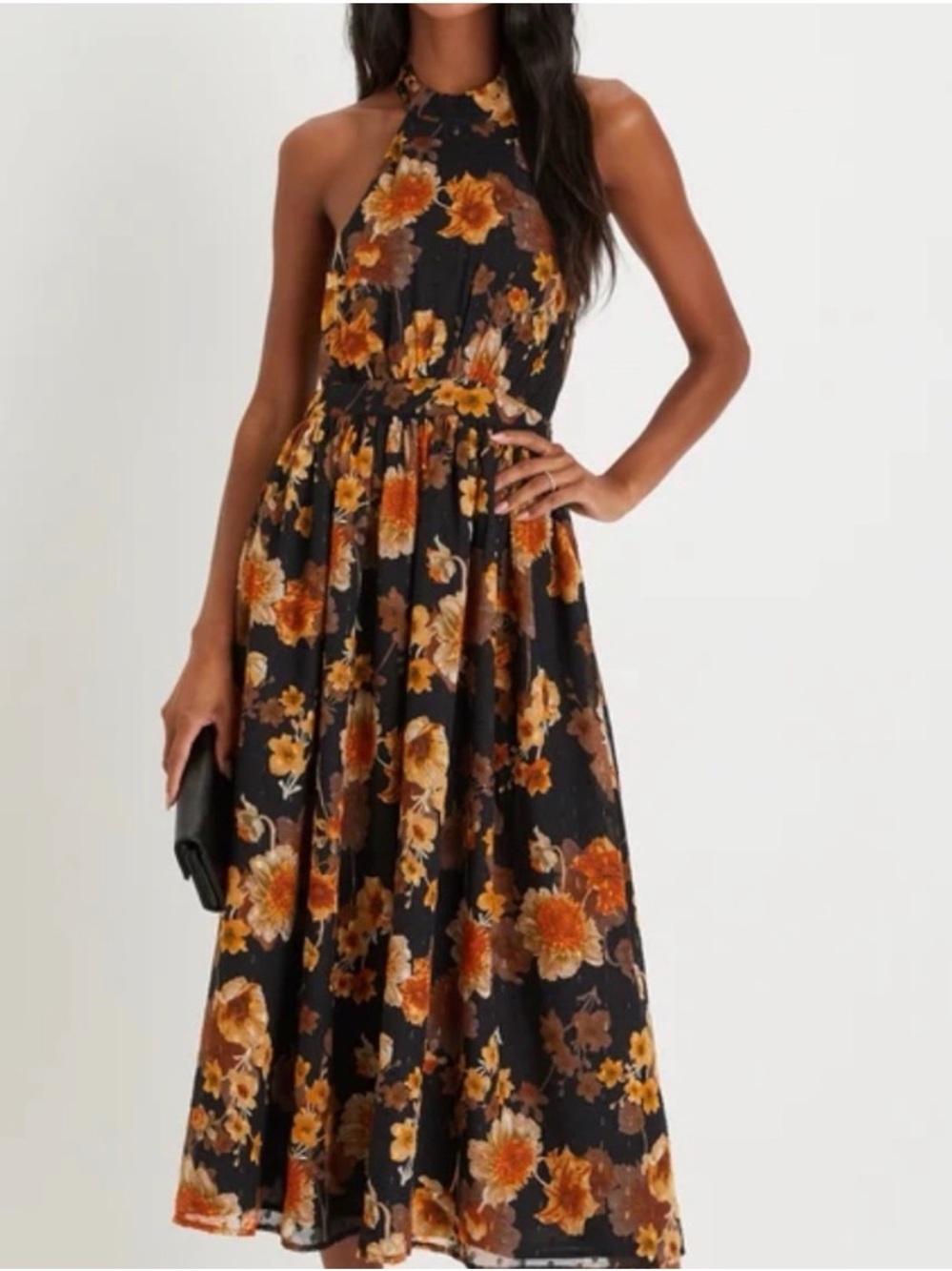 Lulu’s Floral Halter Maxi Dress in Black and Orange